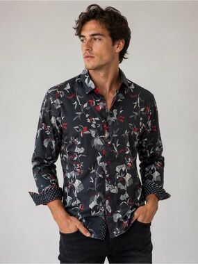 Au Noir Men’s Floral Button-Up Dress Shirt – Black/Red – 100% Cotton Medium